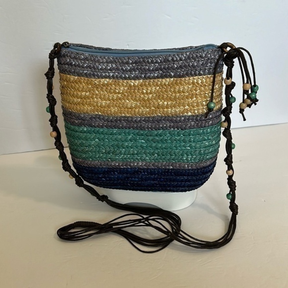 Beaded straw handbag with colorful accents. Purple and blue nouveau crossbody
